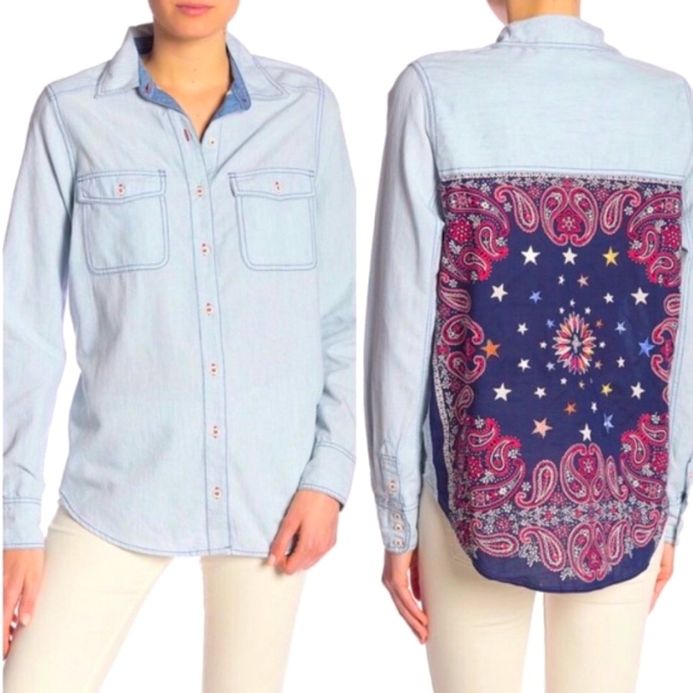 New Free People Bandana Bandit Med Blue Red Paisley Buttondown Embroidered Top
